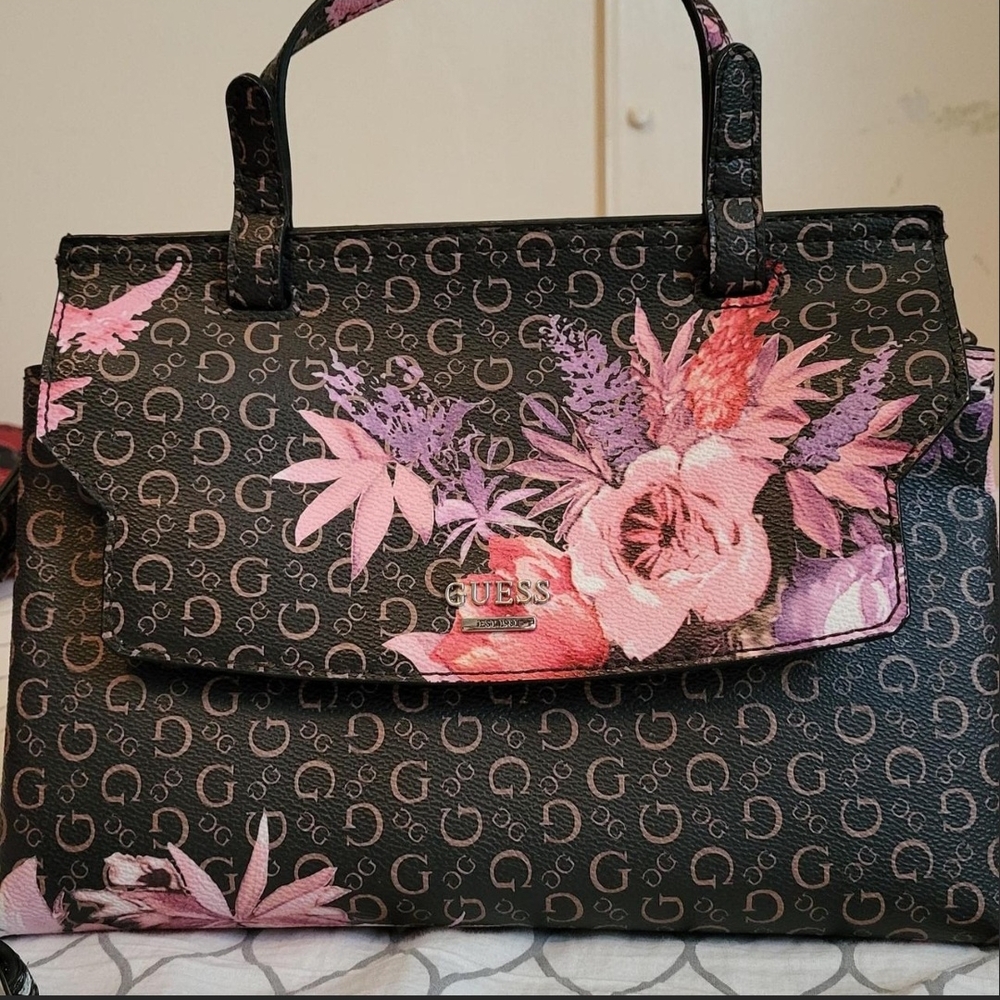 Guess Black and Pink Floral Satchel